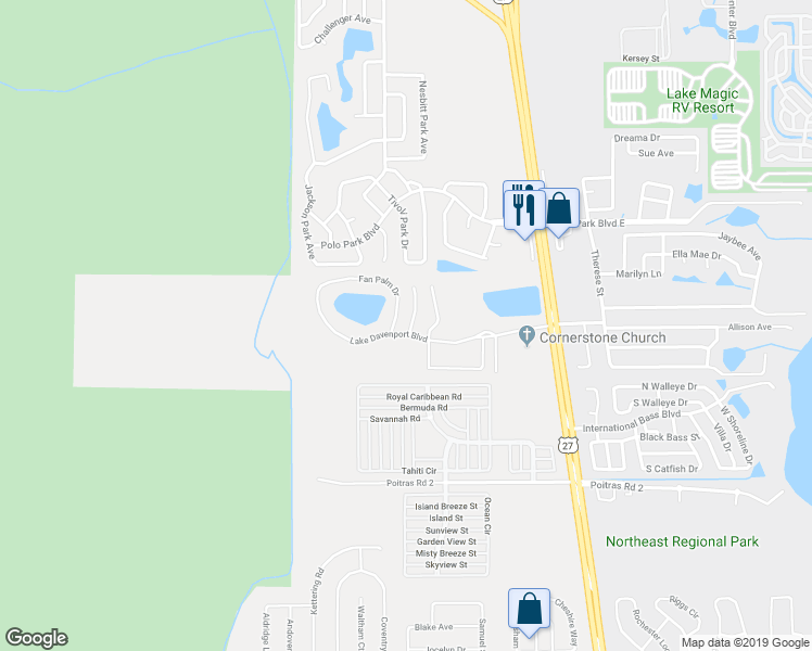 map of restaurants, bars, coffee shops, grocery stores, and more near 103 Coconut Palm Way in Davenport