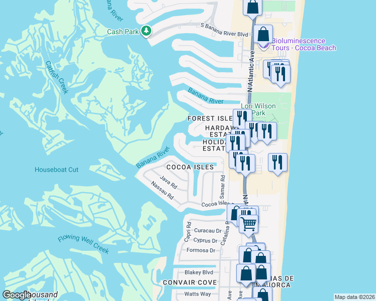 map of restaurants, bars, coffee shops, grocery stores, and more near 1185 Samar Road in Cocoa Beach