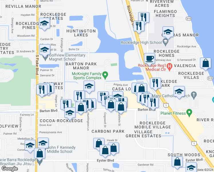 map of restaurants, bars, coffee shops, grocery stores, and more near 845 Angela Avenue in Rockledge