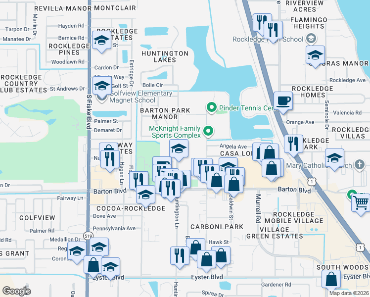 map of restaurants, bars, coffee shops, grocery stores, and more near 1535 Cogswell Street in Rockledge