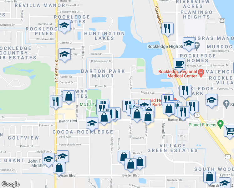map of restaurants, bars, coffee shops, grocery stores, and more near 1535 Cogswell Street in Rockledge