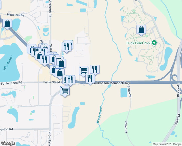map of restaurants, bars, coffee shops, grocery stores, and more near 3001 Reedy Creek Boulevard in Kissimmee