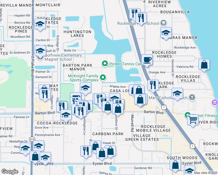 map of restaurants, bars, coffee shops, grocery stores, and more near 842 Faull Drive in Rockledge