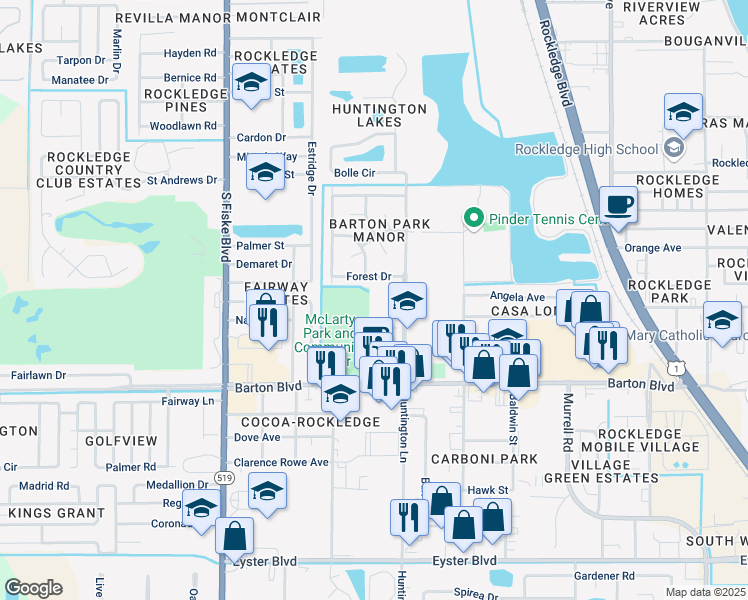 map of restaurants, bars, coffee shops, grocery stores, and more near 1515 Huntington Lane in Rockledge