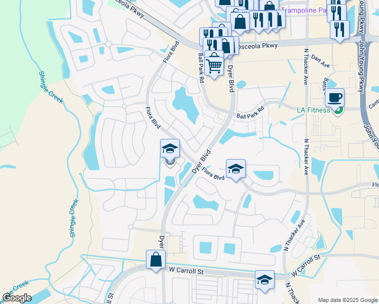 map of restaurants, bars, coffee shops, grocery stores, and more near 2986 Ashland Lane South in Kissimmee