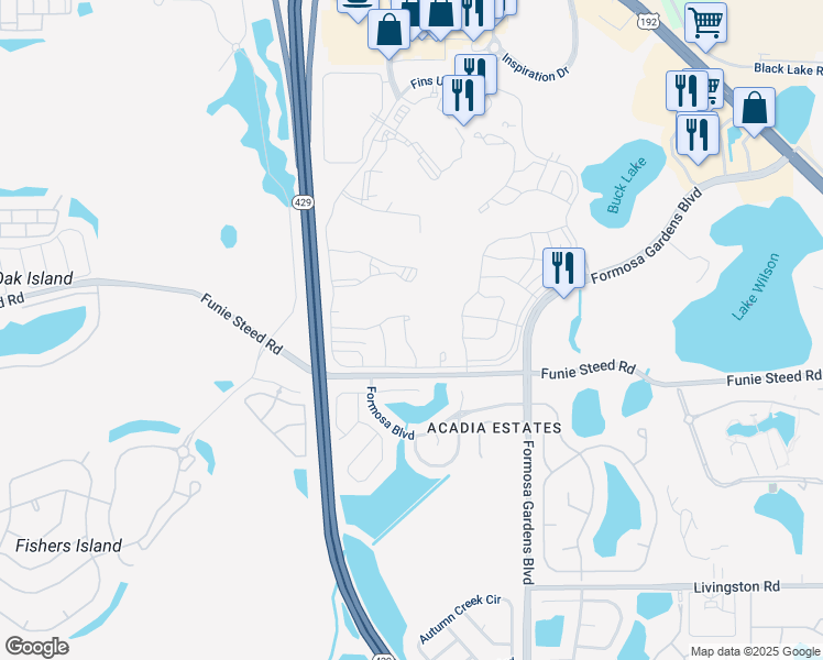 map of restaurants, bars, coffee shops, grocery stores, and more near Funie Steed Road in Kissimmee