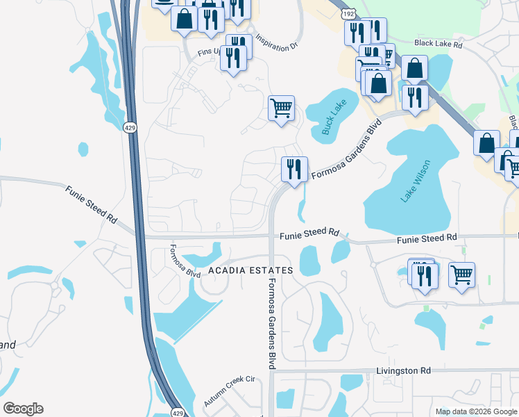 map of restaurants, bars, coffee shops, grocery stores, and more near 1 Formosa Gardens Boulevard in Kissimmee