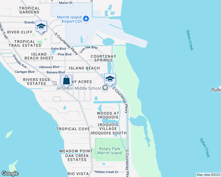 map of restaurants, bars, coffee shops, grocery stores, and more near 1275 South Courtenay Parkway in Merritt Island
