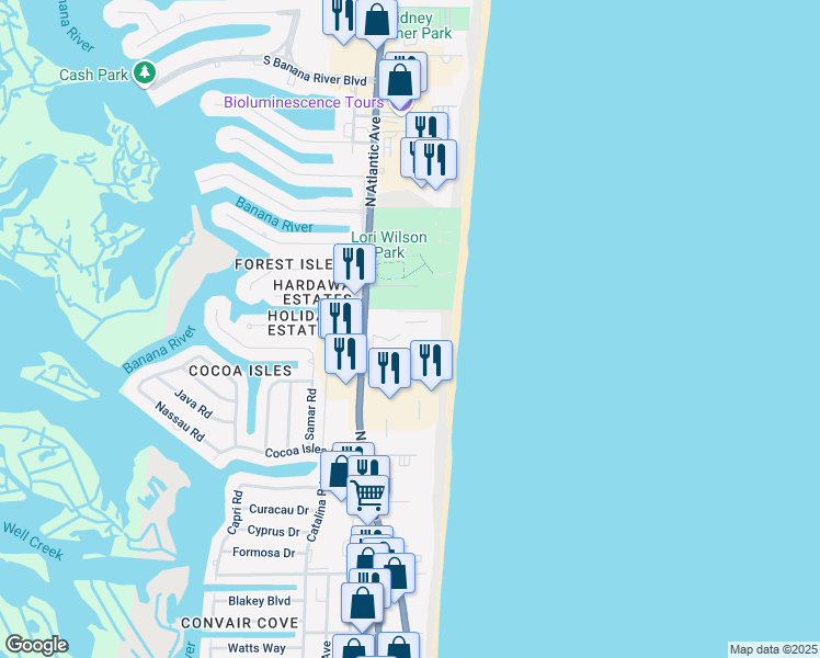 map of restaurants, bars, coffee shops, grocery stores, and more near 1300 North Atlantic Avenue in Cocoa Beach