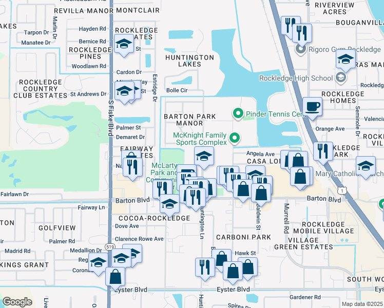 map of restaurants, bars, coffee shops, grocery stores, and more near 1515 Huntington Lane in Rockledge
