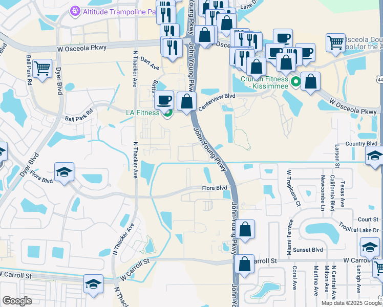 map of restaurants, bars, coffee shops, grocery stores, and more near 2910 Ravenwood Lane in Kissimmee