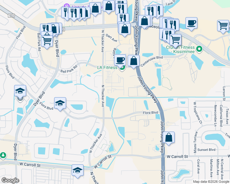 map of restaurants, bars, coffee shops, grocery stores, and more near 1900 Ball Park Rd in Kissimmee