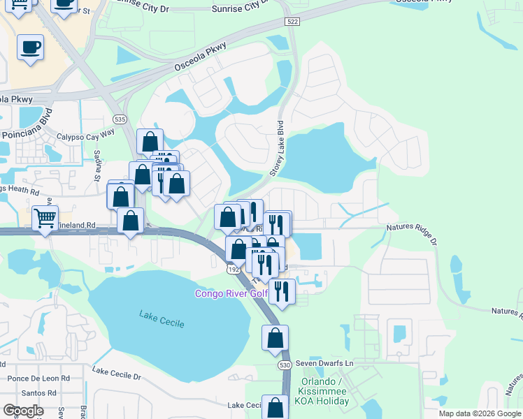 map of restaurants, bars, coffee shops, grocery stores, and more near 4700 Tribute Trail in Kissimmee