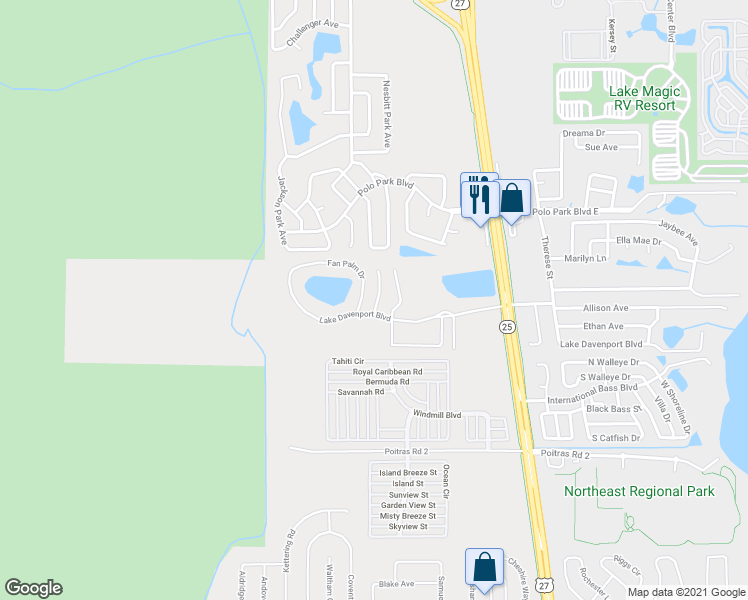 map of restaurants, bars, coffee shops, grocery stores, and more near 103 Coconut Palm Way in Davenport