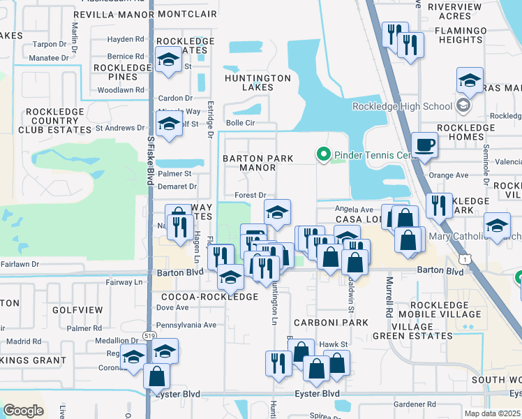map of restaurants, bars, coffee shops, grocery stores, and more near 1515 Huntington Lane in Rockledge