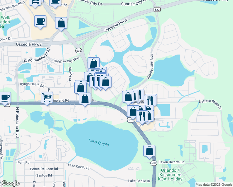 map of restaurants, bars, coffee shops, grocery stores, and more near 5053 Windermere Avenue in Kissimmee