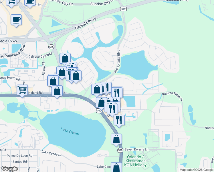 map of restaurants, bars, coffee shops, grocery stores, and more near 4700 Tribute Trail in Kissimmee