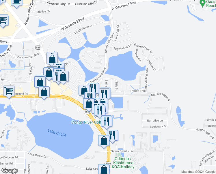 map of restaurants, bars, coffee shops, grocery stores, and more near 2915 Satire Street in Kissimmee