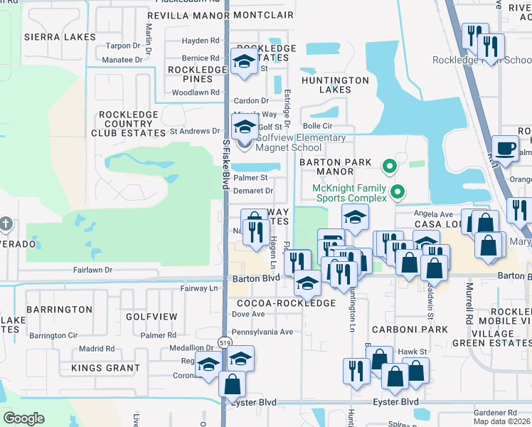 map of restaurants, bars, coffee shops, grocery stores, and more near 982 Nagle Drive in Rockledge