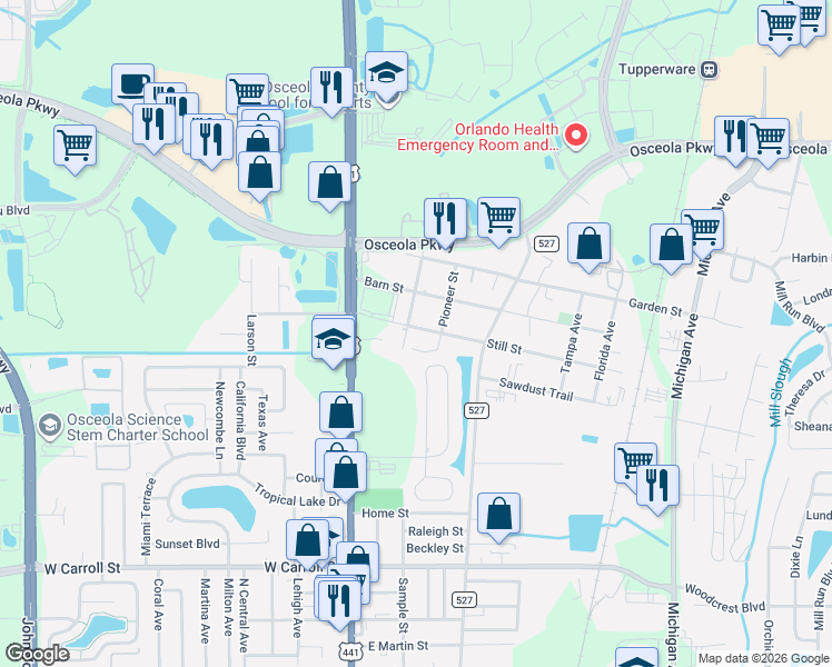 map of restaurants, bars, coffee shops, grocery stores, and more near 2902 Pioneer Street in Kissimmee