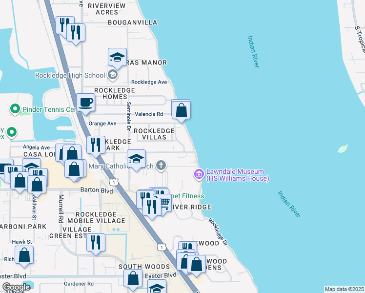 map of restaurants, bars, coffee shops, grocery stores, and more near 1101 Rockledge Drive in Rockledge