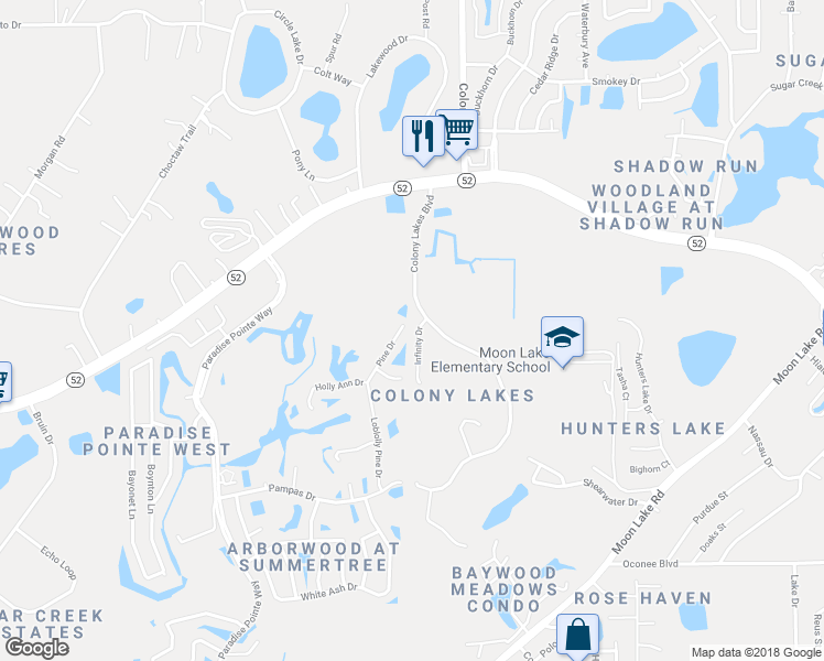 map of restaurants, bars, coffee shops, grocery stores, and more near 12147 Infinity Drive in New Port Richey