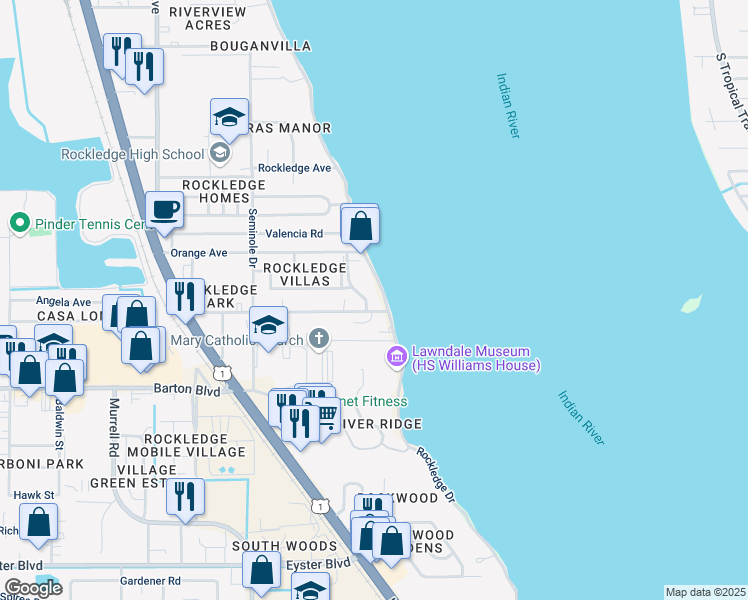 map of restaurants, bars, coffee shops, grocery stores, and more near 1049 Rockledge Drive in Rockledge
