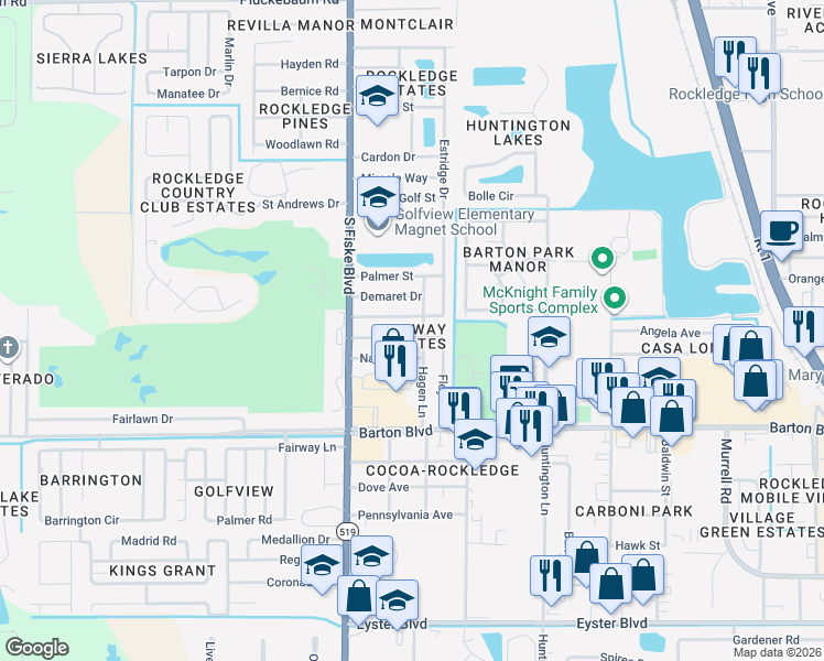 map of restaurants, bars, coffee shops, grocery stores, and more near 982 Nagle Drive in Rockledge