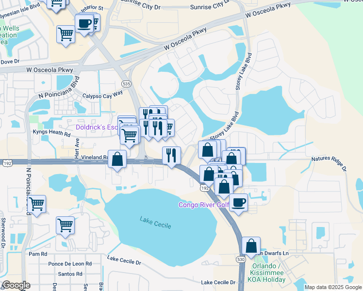 map of restaurants, bars, coffee shops, grocery stores, and more near 5053 Windermere Avenue in Kissimmee
