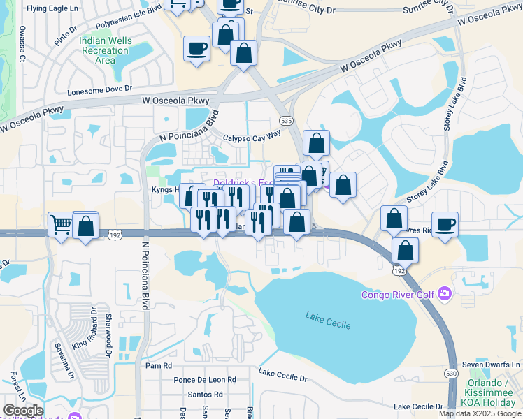 map of restaurants, bars, coffee shops, grocery stores, and more near 5001 U.S. 192 in Kissimmee