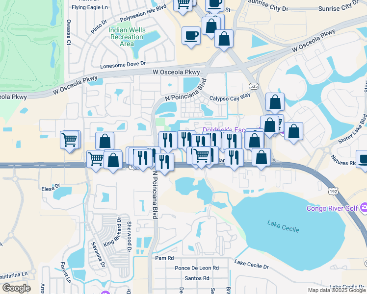 map of restaurants, bars, coffee shops, grocery stores, and more near 5055 West Irlo Bronson Memorial Highway in Kissimmee