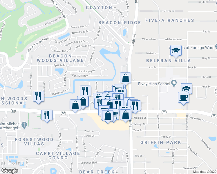 map of restaurants, bars, coffee shops, grocery stores, and more near 12202 Windriver Lane in Bayonet Point