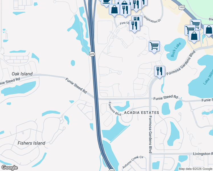 map of restaurants, bars, coffee shops, grocery stores, and more near Daniel Webster Western Beltway in Kissimmee