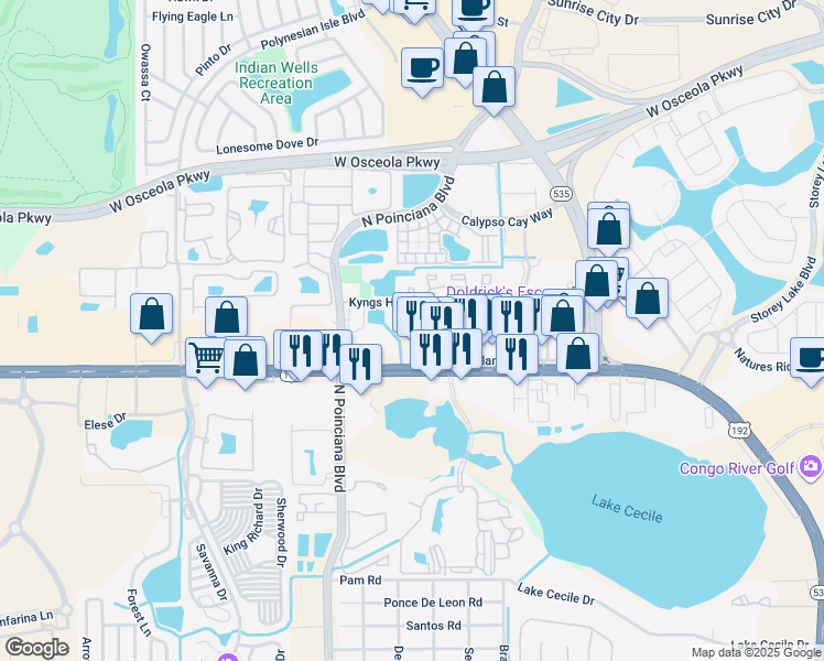 map of restaurants, bars, coffee shops, grocery stores, and more near 5055 West Irlo Bronson Memorial Highway in Kissimmee