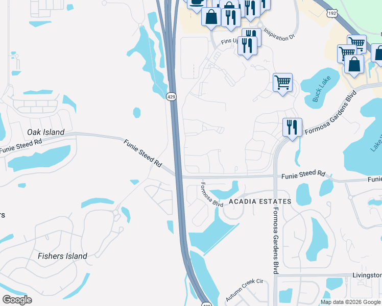 map of restaurants, bars, coffee shops, grocery stores, and more near Daniel Webster Western Beltway in Kissimmee