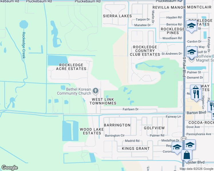 map of restaurants, bars, coffee shops, grocery stores, and more near 1604 Woodland Drive in Rockledge