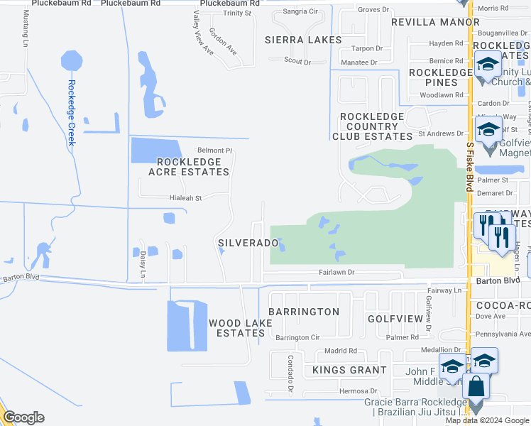 map of restaurants, bars, coffee shops, grocery stores, and more near 1600 Woodland Drive in Rockledge