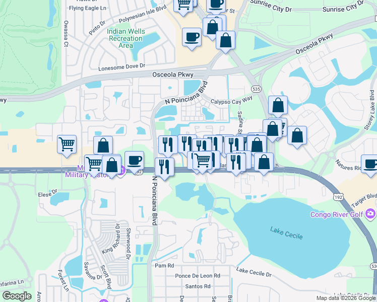 map of restaurants, bars, coffee shops, grocery stores, and more near 3033 Universal Studios Court in Kissimmee