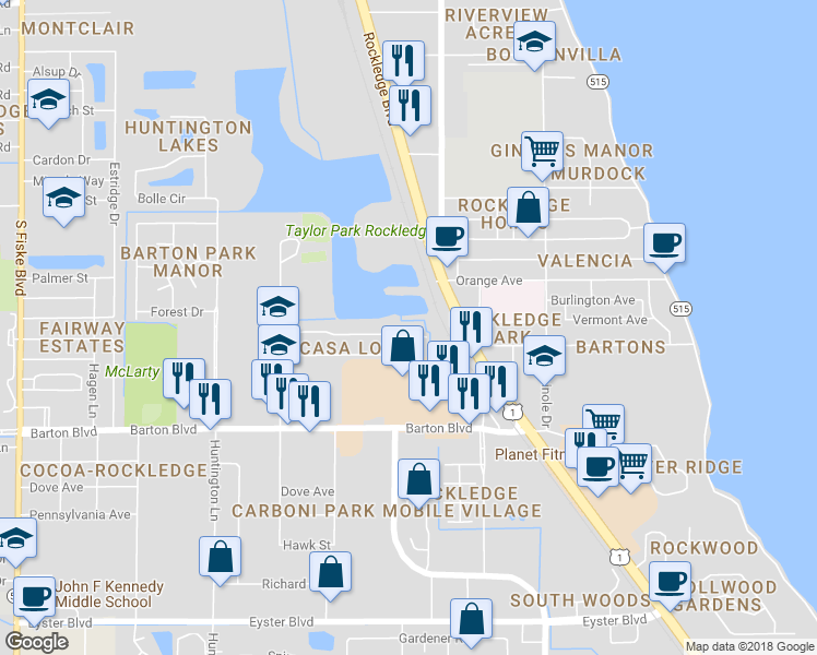 map of restaurants, bars, coffee shops, grocery stores, and more near 808 Angela Avenue in Rockledge