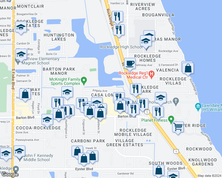 map of restaurants, bars, coffee shops, grocery stores, and more near 816 Angela Avenue in Rockledge