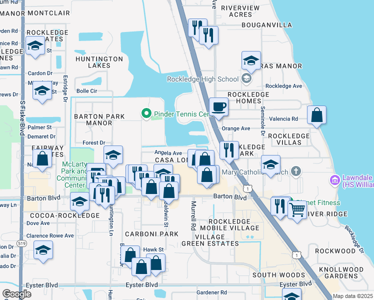 map of restaurants, bars, coffee shops, grocery stores, and more near 816 Angela Avenue in Rockledge