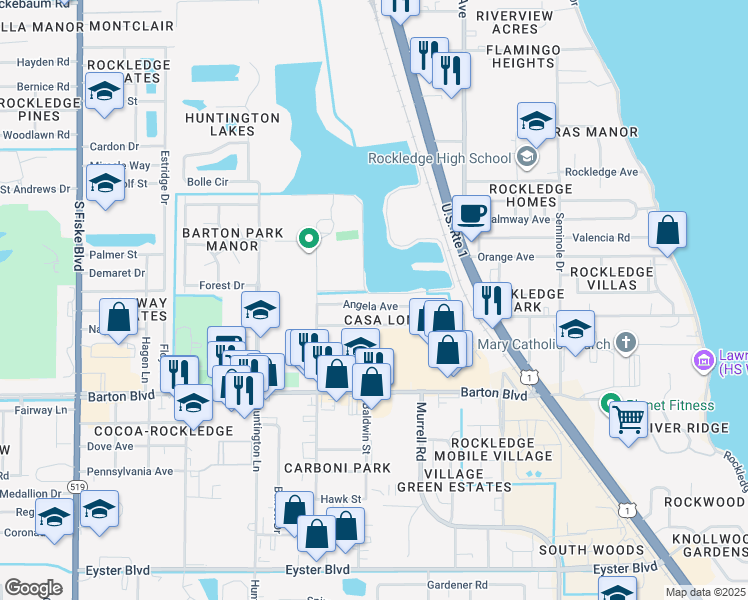 map of restaurants, bars, coffee shops, grocery stores, and more near 828 Angela Avenue in Rockledge
