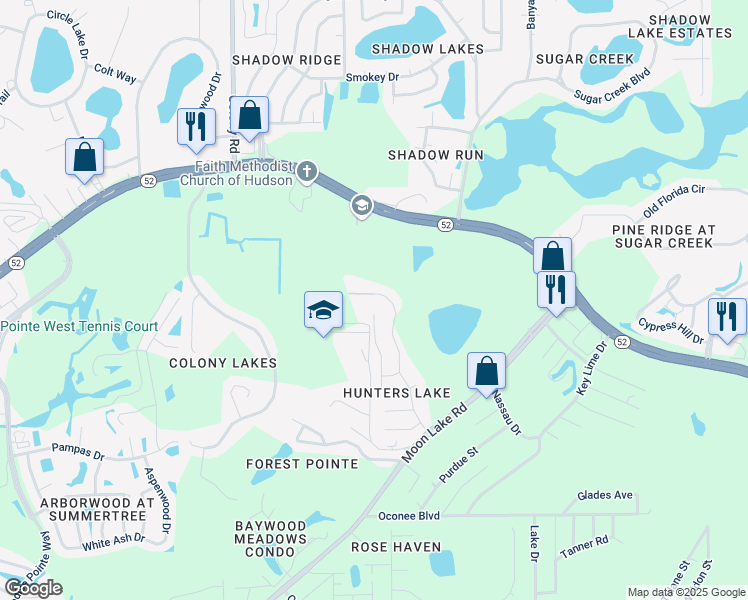 map of restaurants, bars, coffee shops, grocery stores, and more near 12219 Hunters Lake Drive in New Port Richey