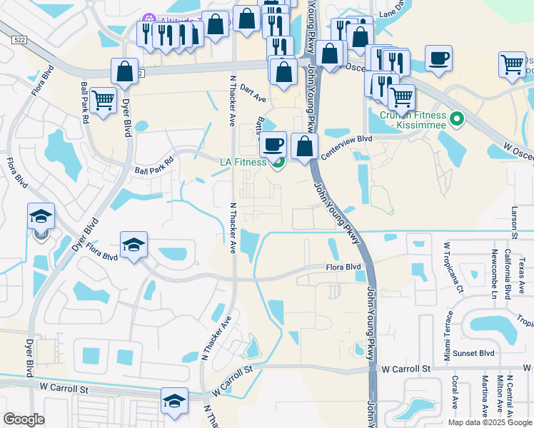 map of restaurants, bars, coffee shops, grocery stores, and more near 1900 Ball Park Road in Kissimmee