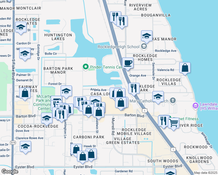 map of restaurants, bars, coffee shops, grocery stores, and more near 816 Angela Avenue in Rockledge