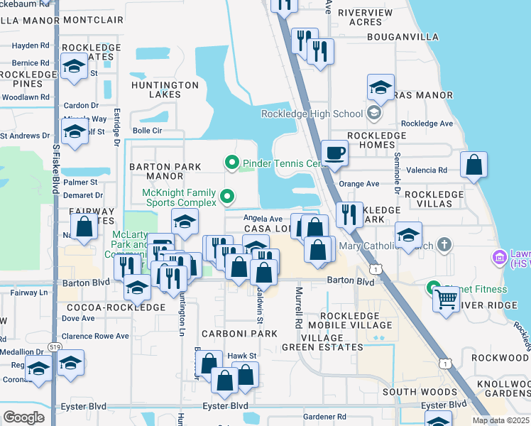 map of restaurants, bars, coffee shops, grocery stores, and more near 828 Angela Avenue in Rockledge