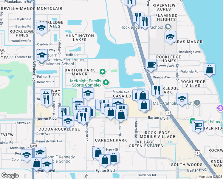 map of restaurants, bars, coffee shops, grocery stores, and more near 840 Angela Avenue in Rockledge