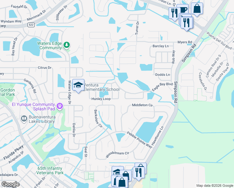 map of restaurants, bars, coffee shops, grocery stores, and more near 2915 Ariel Avenue in Kissimmee