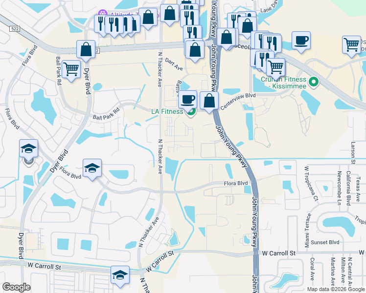 map of restaurants, bars, coffee shops, grocery stores, and more near 1900 Ball Park Road in Kissimmee