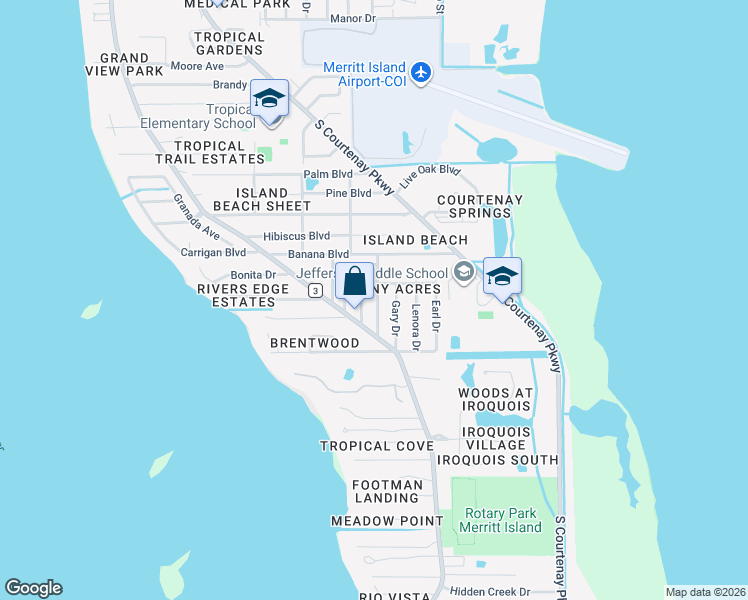 map of restaurants, bars, coffee shops, grocery stores, and more near 1277 Lynne Drive in Merritt Island